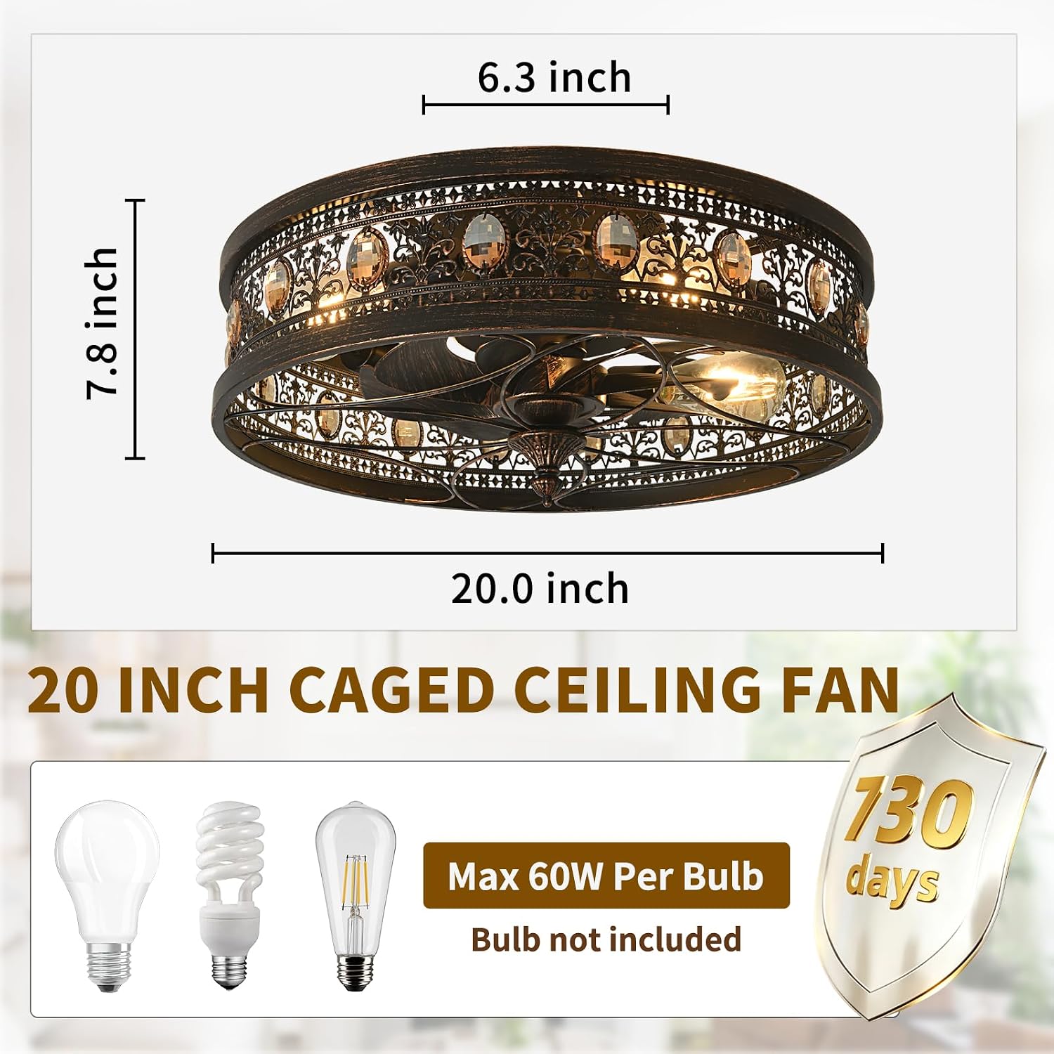 Fandelier Ceiling Fan with Light,Low Profile Small Black Ceiling Fan, Caged Flush Mount Enclosed Design for Bedroom Kitchen Farmhouse Rustic Vintage Style