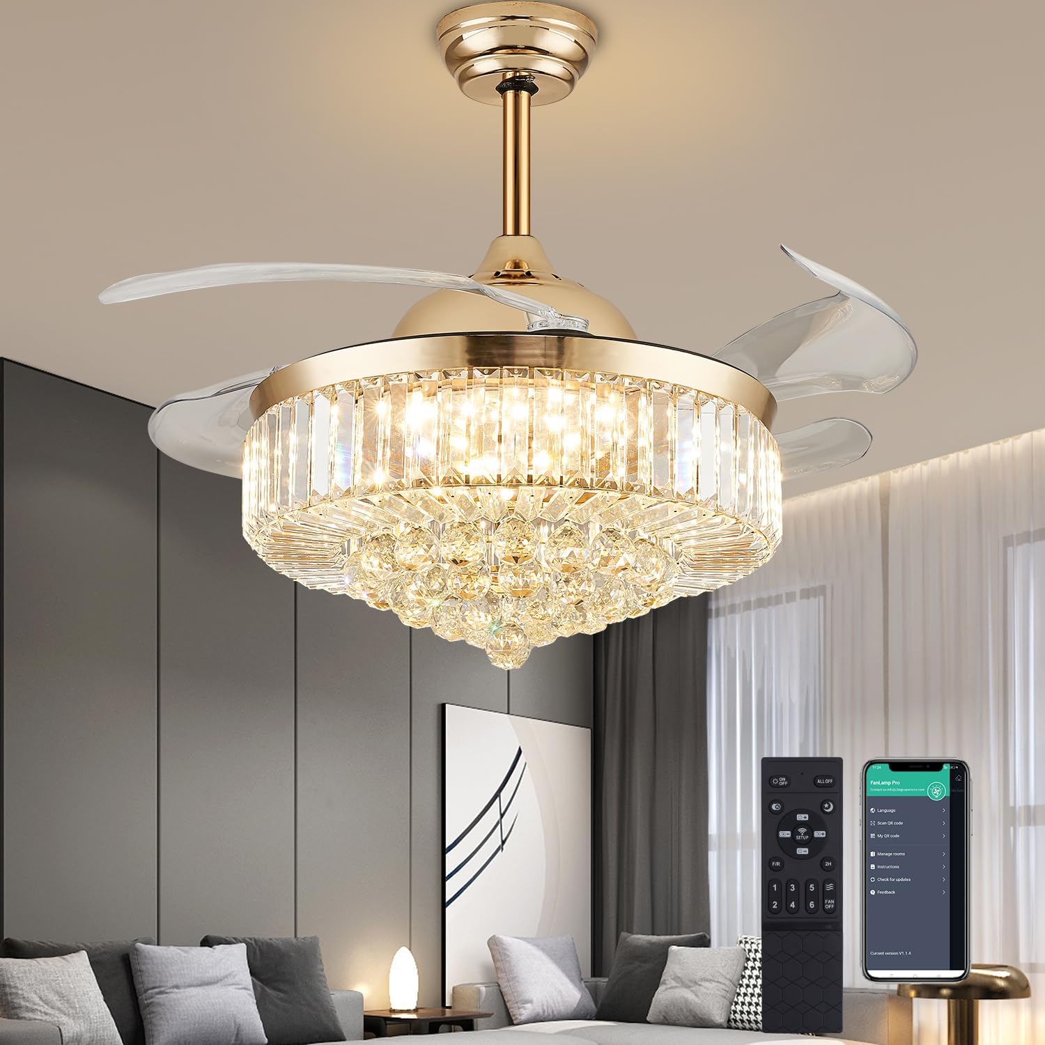 36' Dimmable Gold Fandelier Crystal Ceiling Fans with Lights and Remote, Modern Chandelier Ceiling Fan with Invisible Retractable Blades for Bedroom Living Room 6 Speed