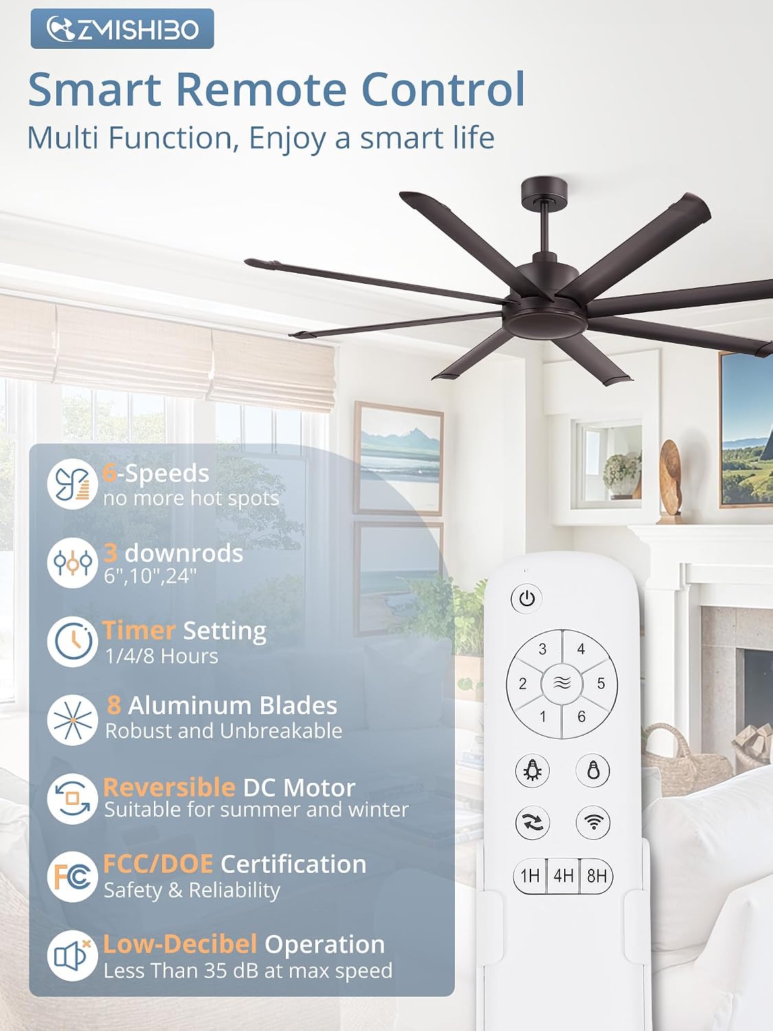 ZMISHIBO 72 Inch Large Ceiling Fan No Light, 8 Aluminum Blades, 6-Speed Remote Control, Industrial Ceiling Fan without Light, Quiet DC Motor, Indoor/Outdoor Ceiling Fans for Patio, Garage, Shop