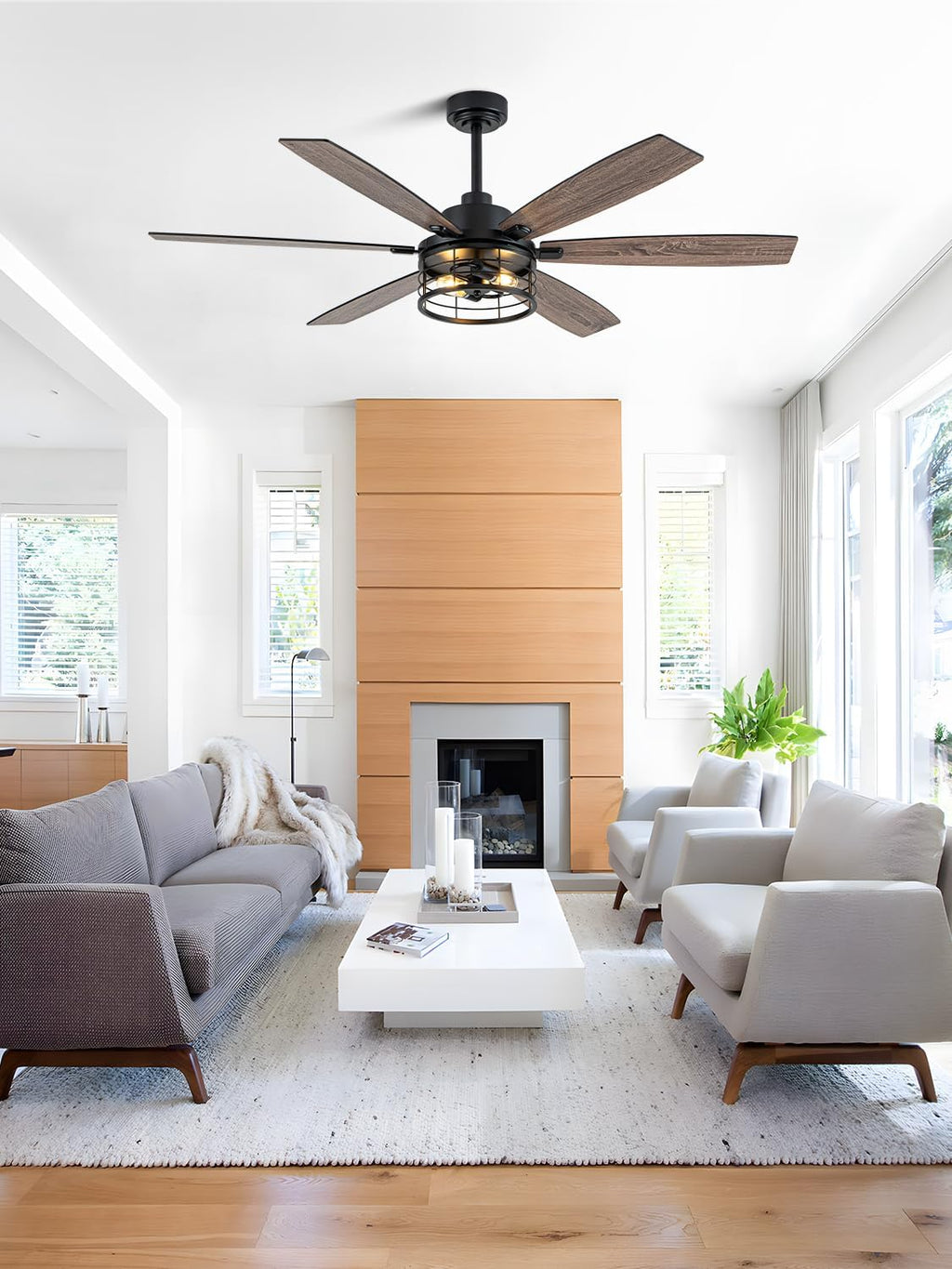 60 Inch Farmhouse Ceiling Fan with Lights and Remote Large Rustic Ceiling Fan Caged Fandelier Chandelier, 6 Dual Blades Reversible Quiet DC Motor 3CCT 6 Speed for Living Room Indoor Outdoor