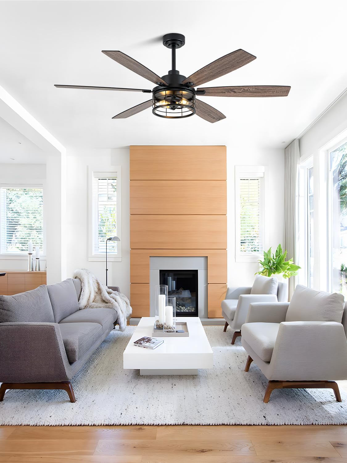 60 Inch Farmhouse Ceiling Fan with Lights and Remote Large Rustic Ceiling Fan Caged Fandelier Chandelier, 6 Dual Blades Reversible Quiet DC Motor 3CCT 6 Speed for Living Room Indoor Outdoor