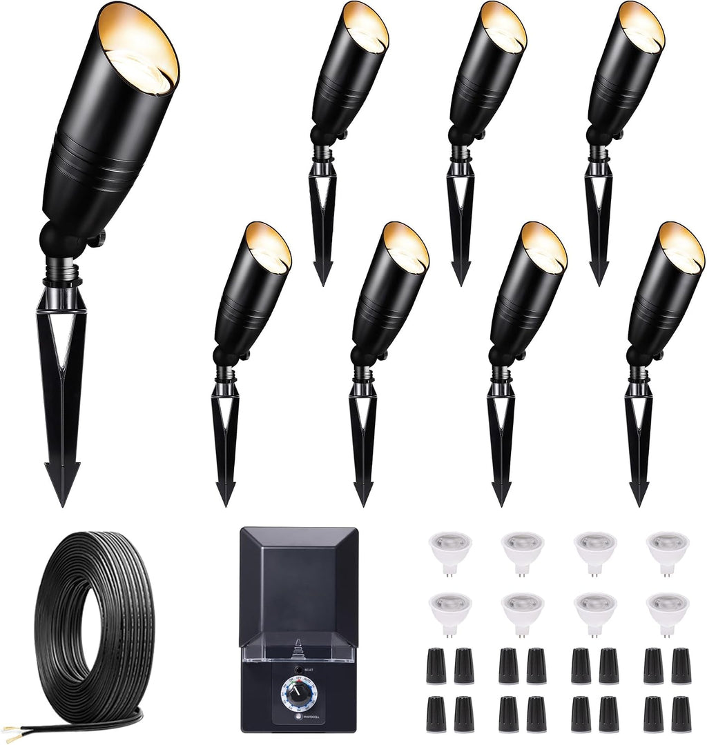 Landscape Spotlights Kit, 8 Pack Black Low Voltage LED Outdoor Lighting and 100W Transformer and 100FT Cable and 30 Wire Connectors, IP65 Waterproof Aluminum uplight for Yard House Porch