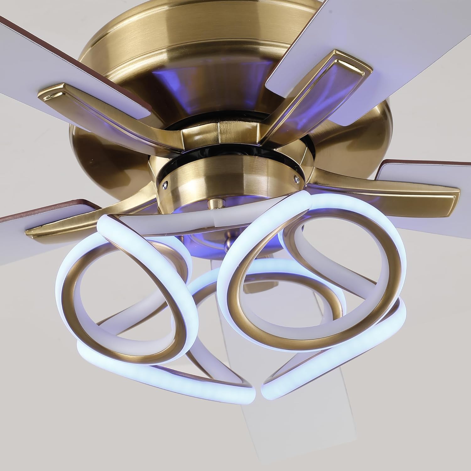 52' Gold Ceiling Fans with Lights and Remote/APP, RGB Color Changing LED Lighting Ceiling Fan, Indoor Outdoor Modern Luxury White and Gold Ceiling Fan for Living Room, Bedroom, 3CCT, 6 Speeds
