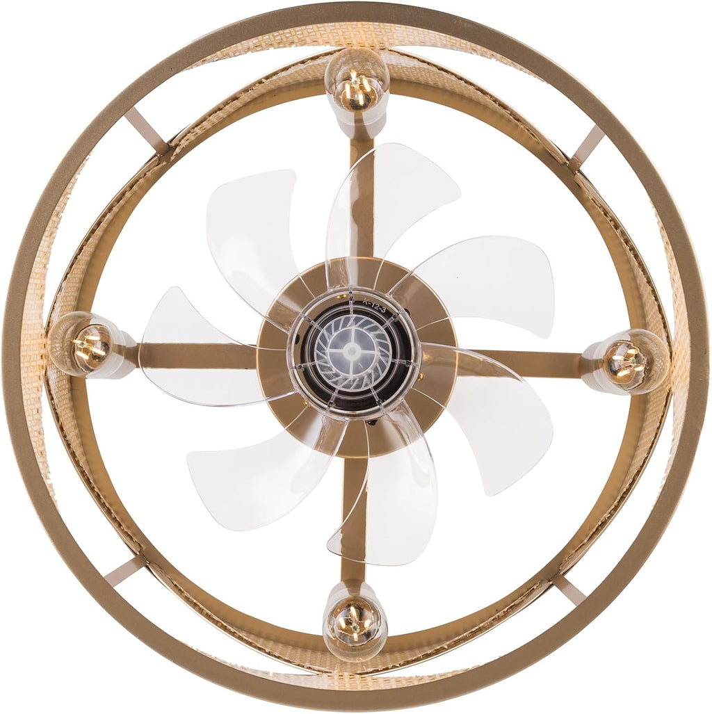 LOYALHEARTDY Gold Fandelier 18in 6-Speed Enclosed Caged Ceiling Fan With Lights Remote Control Antique Boho Rattan Light Downrod Mount, URF4I86GRFI8W