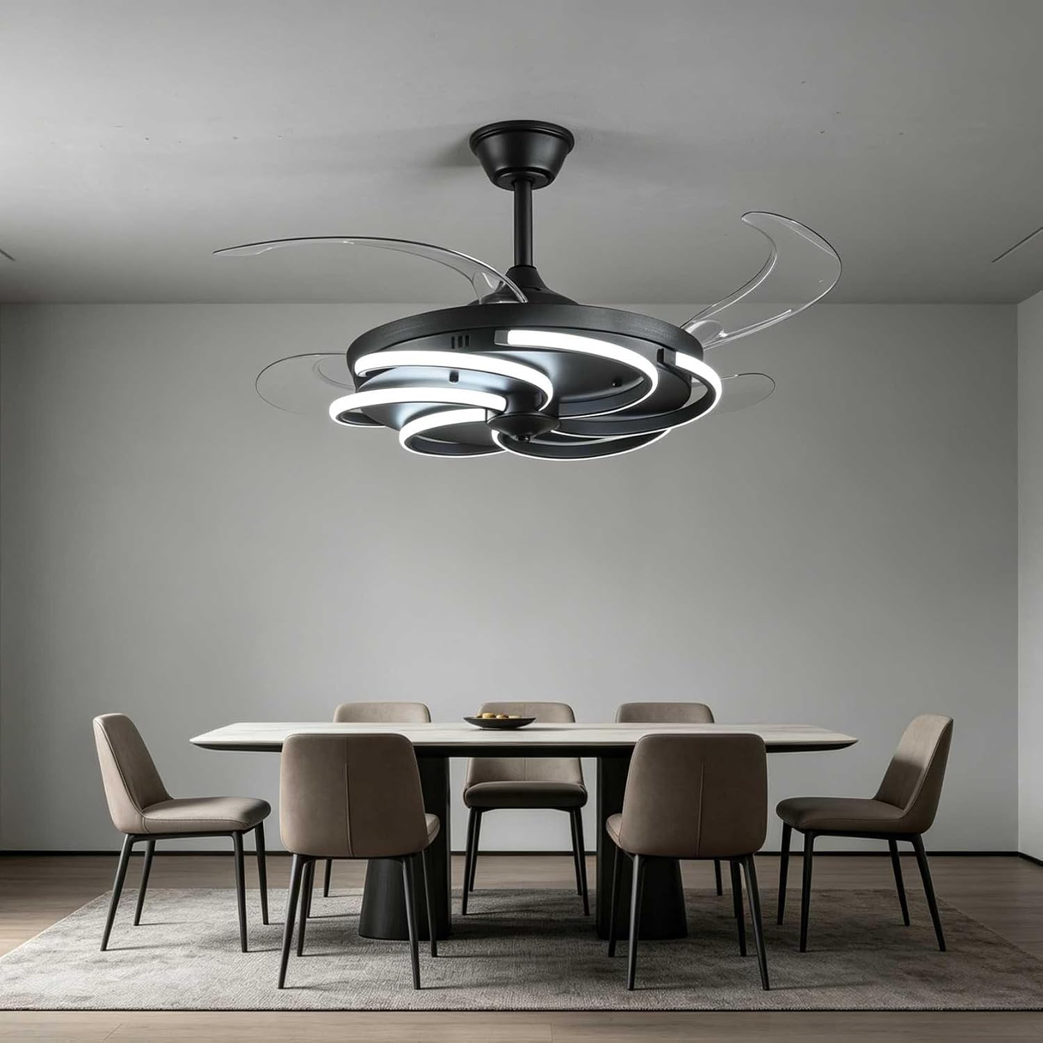 42' Retractable Ceiling Fan with Lights Modern Fandelier Fan Light with Remote Bladeless Fan Ceiling Light for Bedroom Living Room 6 Speed Black (Black RFL25012)