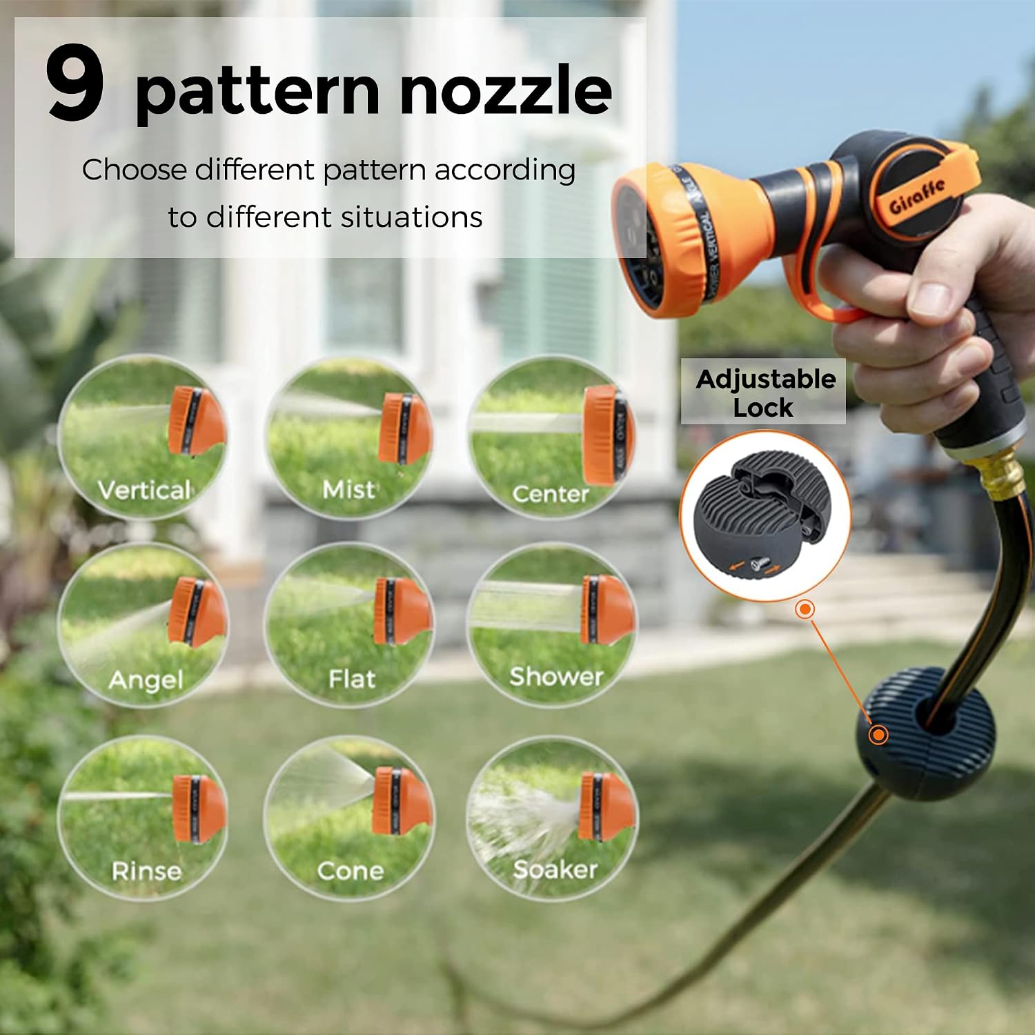 Giraffe Tools Retractable Hose Reel 1/2 in x130 FT PRO Metal Bracket Wall Mounted Heavy Duty Hose Reel with 9 Pattern Nozzle 180 Deg Swivel, Metal Bracket Any Length Lock (1/2 130FT PRO, Dark Grey)