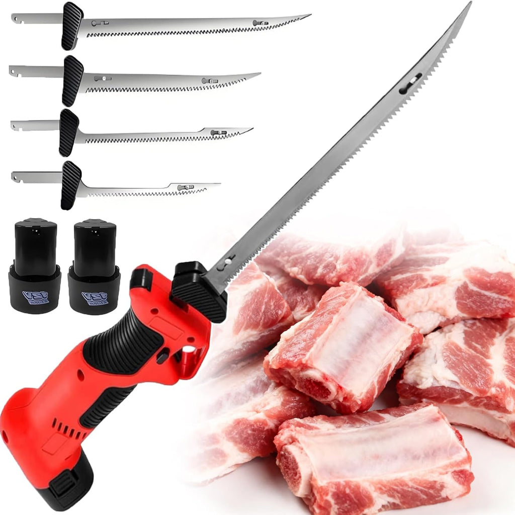Versatile Electric Fillet Knife & Food Cutter-Cordless Reciprocating Filet Saw For Fish,Meat,Poultry & Small Bones,4 Blades,2 Batteries,For Family Kitchens And Outdoor Adventures