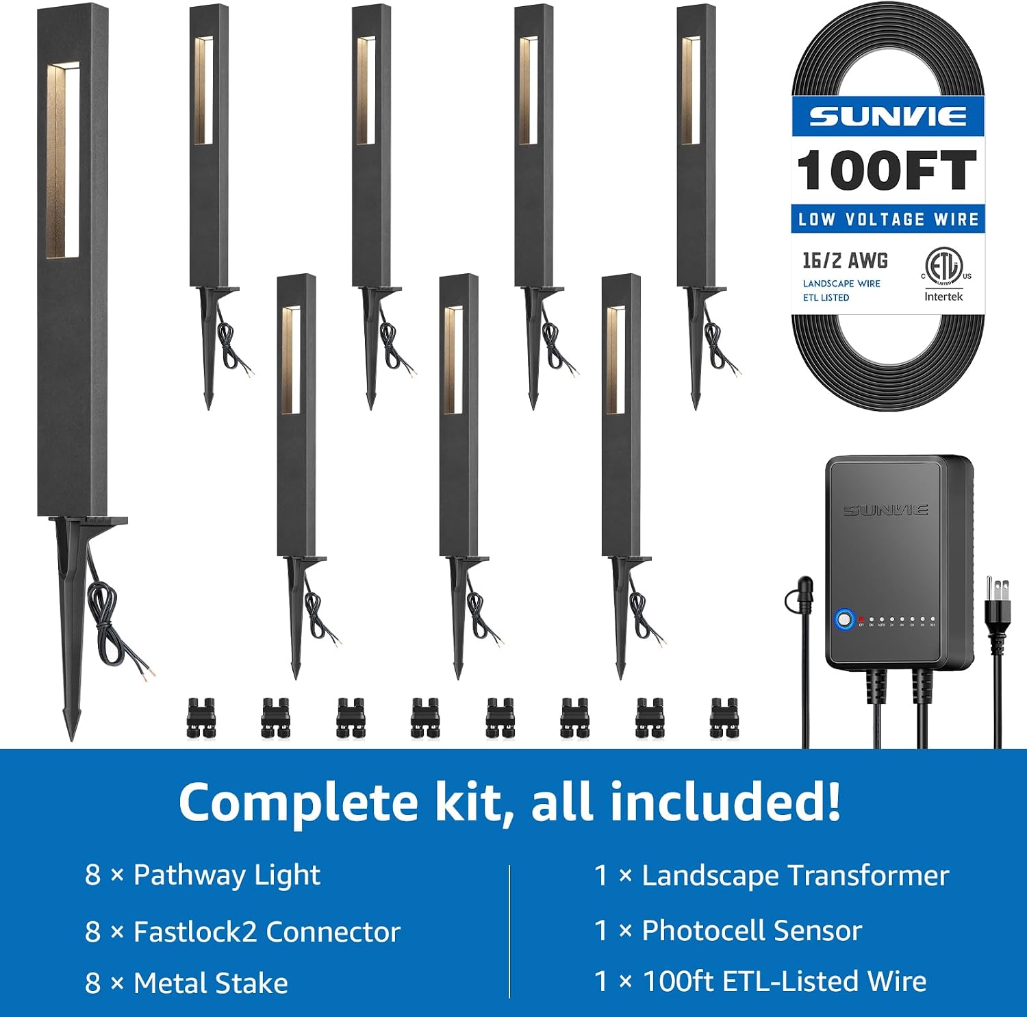 SUNVIE All-In-One LED Low Voltage Landscape Lighting Kit, 8-Pack Pathway Lights with Transformer and 100FT 16/2 AWG Wire, 3000K Waterproof Landscape Path Lights with Connectors for Walkway Garden Yard