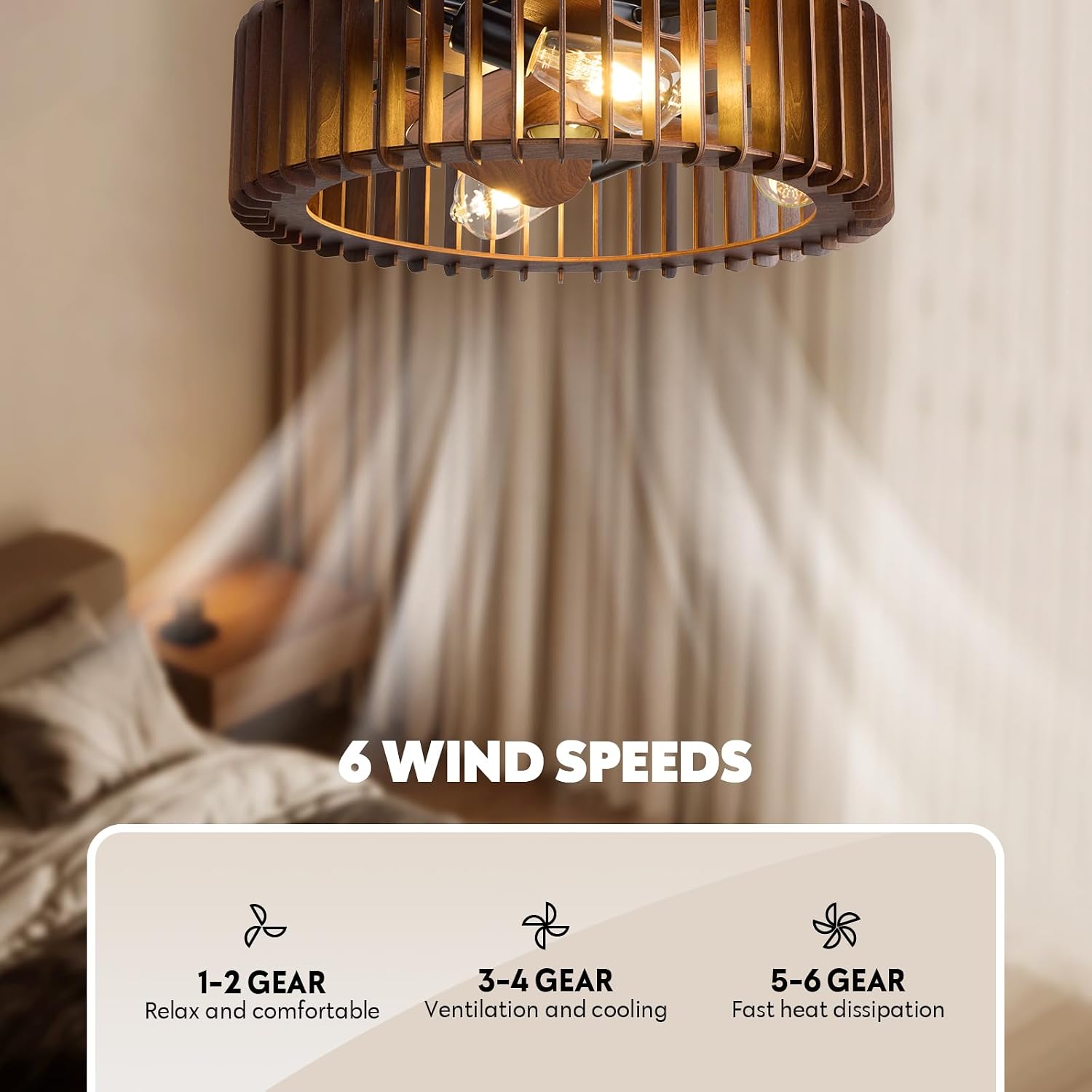 Farmhouse Caged Ceiling Fan with Light, 20' Wooden Flush Mount Ceiling Fan and Remote, 6-Speed Quiet Reversible DC Motor, Timer, Low Profile Enclosed Fandelier for Bedroom, Kitchen, Living Room