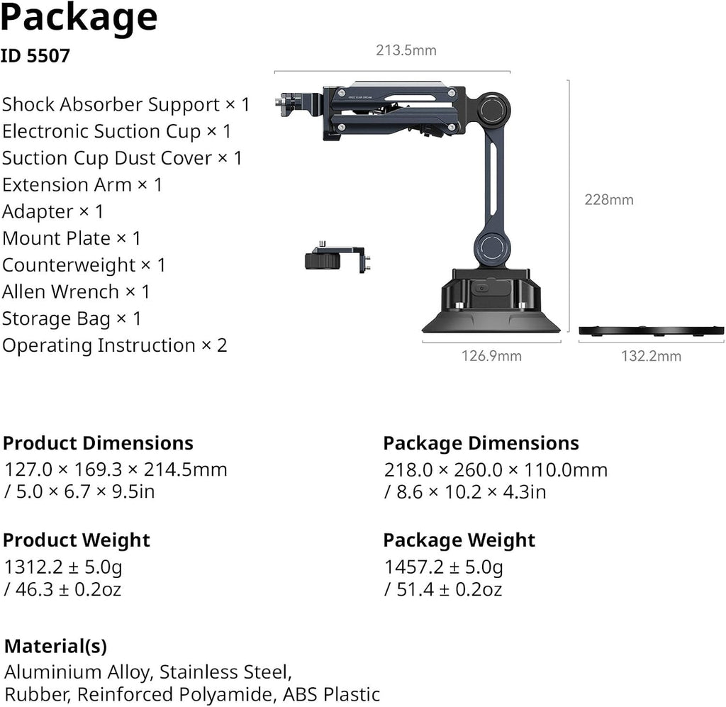 SmallRig Mini Electronic Shock Absorber Arm, 5in Suction Cup Car Mount for DJI Osmo Pocket 4/3/Action 6/5 Pro, for GoPro 13/12, for Insta360 X5/4/Ace Pro2, 2000mAh Double Spring Hydraulic Damping-5507