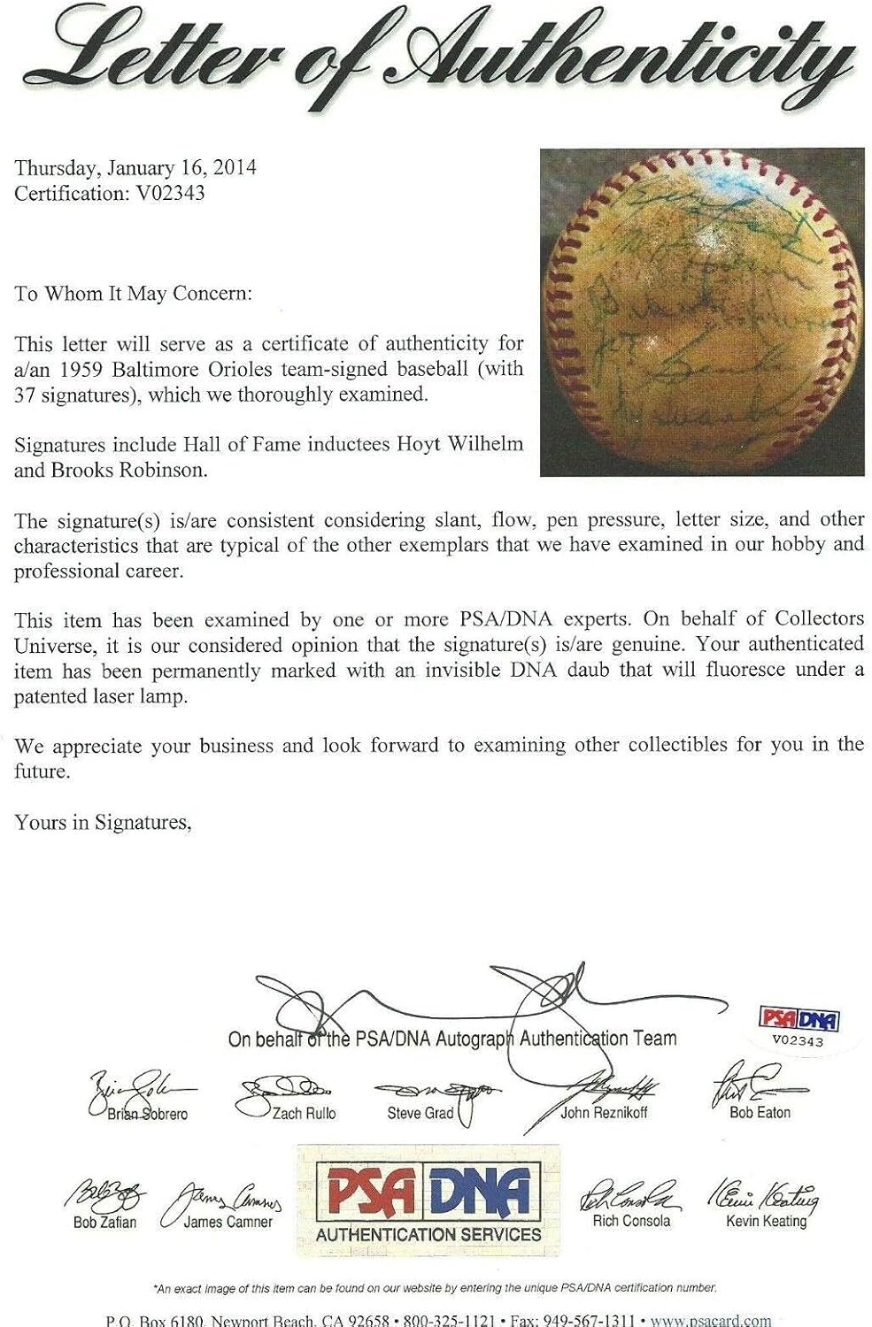 1959 Orioles 37x Team Signed Baseball PSA/DNA LOA Brooks Robinson & Hoyt Wilhelm - Autographed Baseballs