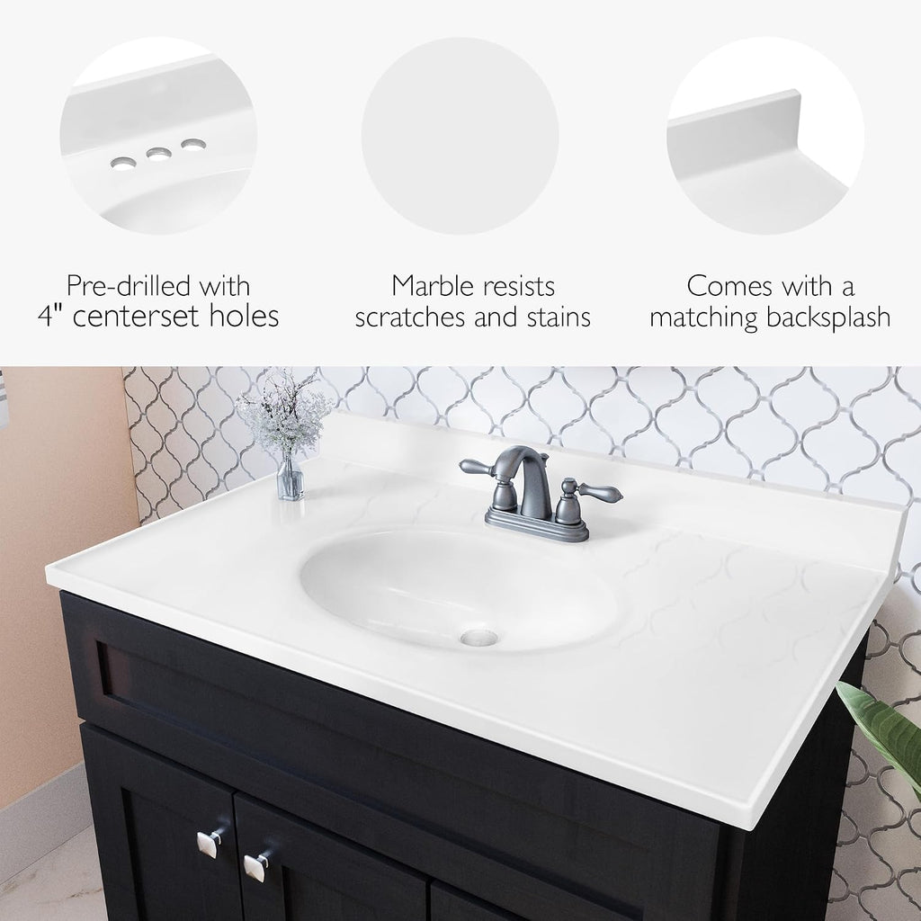 Pemberly Row 37x19 in Marble Single Bowl Vanity Top, Solid White Finish, Pre-Drilled Faucet Holes, Cultured Marble with Oval Sink, Integrated Backsplash, Durable Bathroom Countertop