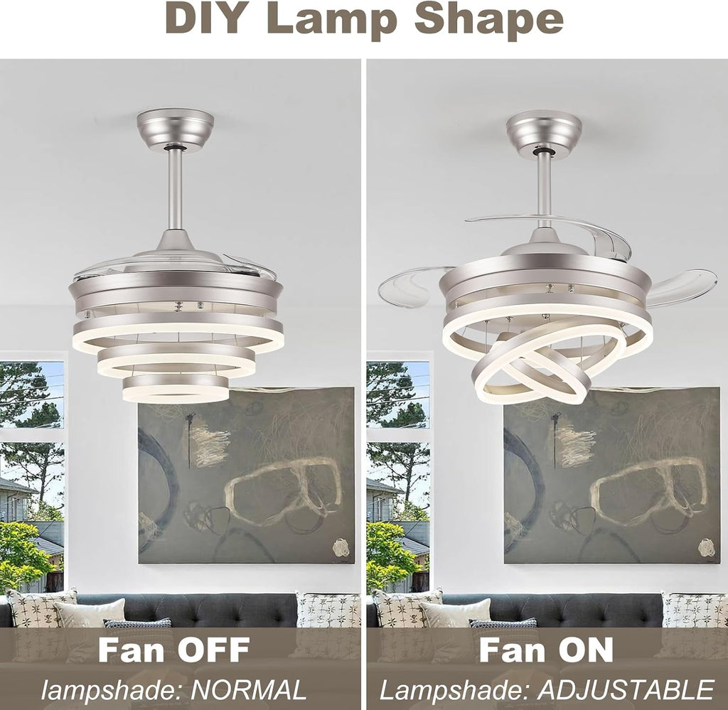 42' Modern Retractable Ceiling Fan with Lights, Fandelier Ceiling Fan with LED Light and Remote&App Control, 6 Speed Reversible 3CCT Chandelier Fan for Bedroom Living Room Dining Room Silver