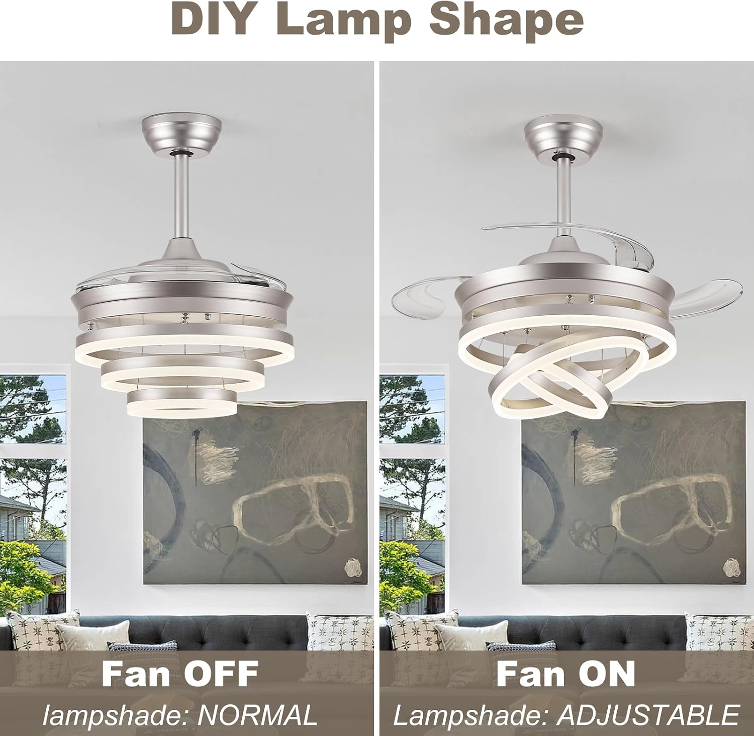 42' Modern Retractable Ceiling Fan with Lights, Fandelier Ceiling Fan with LED Light and Remote&App Control, 6 Speed Reversible 3CCT Chandelier Fan for Bedroom Living Room Dining Room Silver