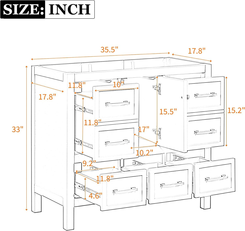 Merax 36 Inch White Bathroom Vanity Without Sink Top,Freestanding Bathroom Vanity Base Cabinet Only,with 5 Drawers,Soft Closing Door & Gold Handles,Solid Wood Frame(Basin Not Included),1 Package