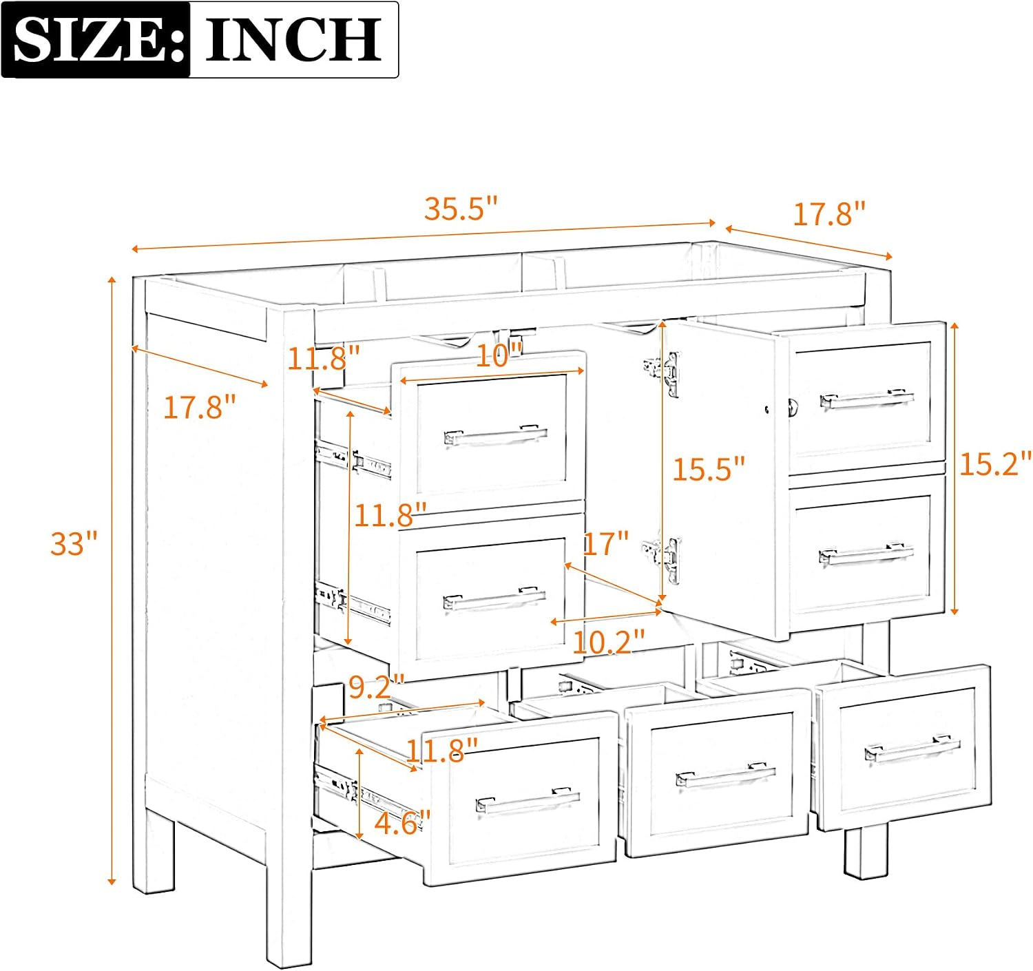 Merax 36 Inch White Bathroom Vanity Without Sink Top,Freestanding Bathroom Vanity Base Cabinet Only,with 5 Drawers,Soft Closing Door & Gold Handles,Solid Wood Frame(Basin Not Included),1 Package