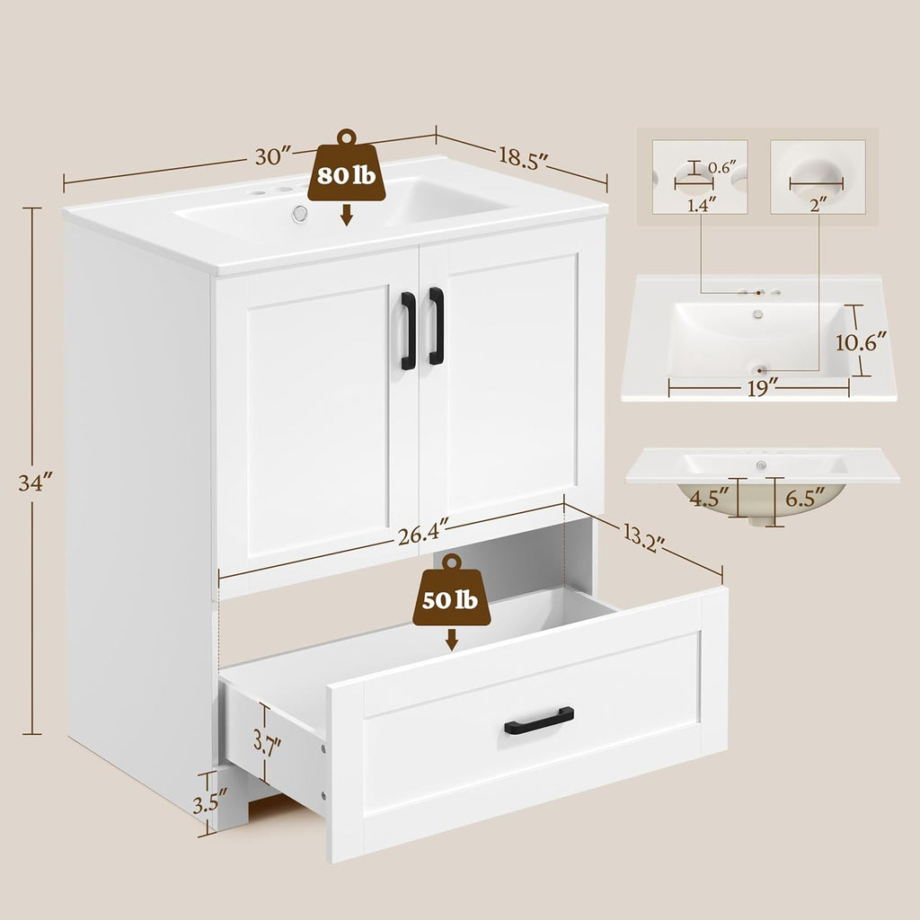 Yaheetech 30' Bathroom Vanity with Ceramic Basin, Freestanding Bathroom Storage Cabinet with 2 Soft-Close Door and 1 Tip-Out Drawer, Undermount Vanity Sink Cabinet, Easy-to-Clean, White