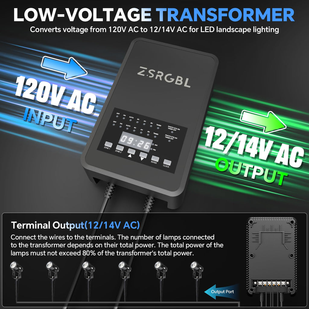 600W Low Voltage Transformer with 2 Zone Independent Control 120V AC to 12/14V AC Outdoor Weatherproof Landscape Lighting Transformer with Photocell Sensor and Timer for Spotlights, ETL Listed