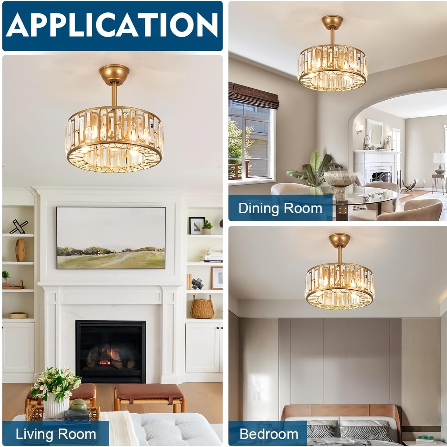 18.2' Crystal Caged Ceiling Fan with Light 4-Light Modern Fandelier Lighting Gold Ceiling Fan with Lights Reversible Remote Ceiling Fan Chandelier for Bedroom Living Room Dining Room Kitchen