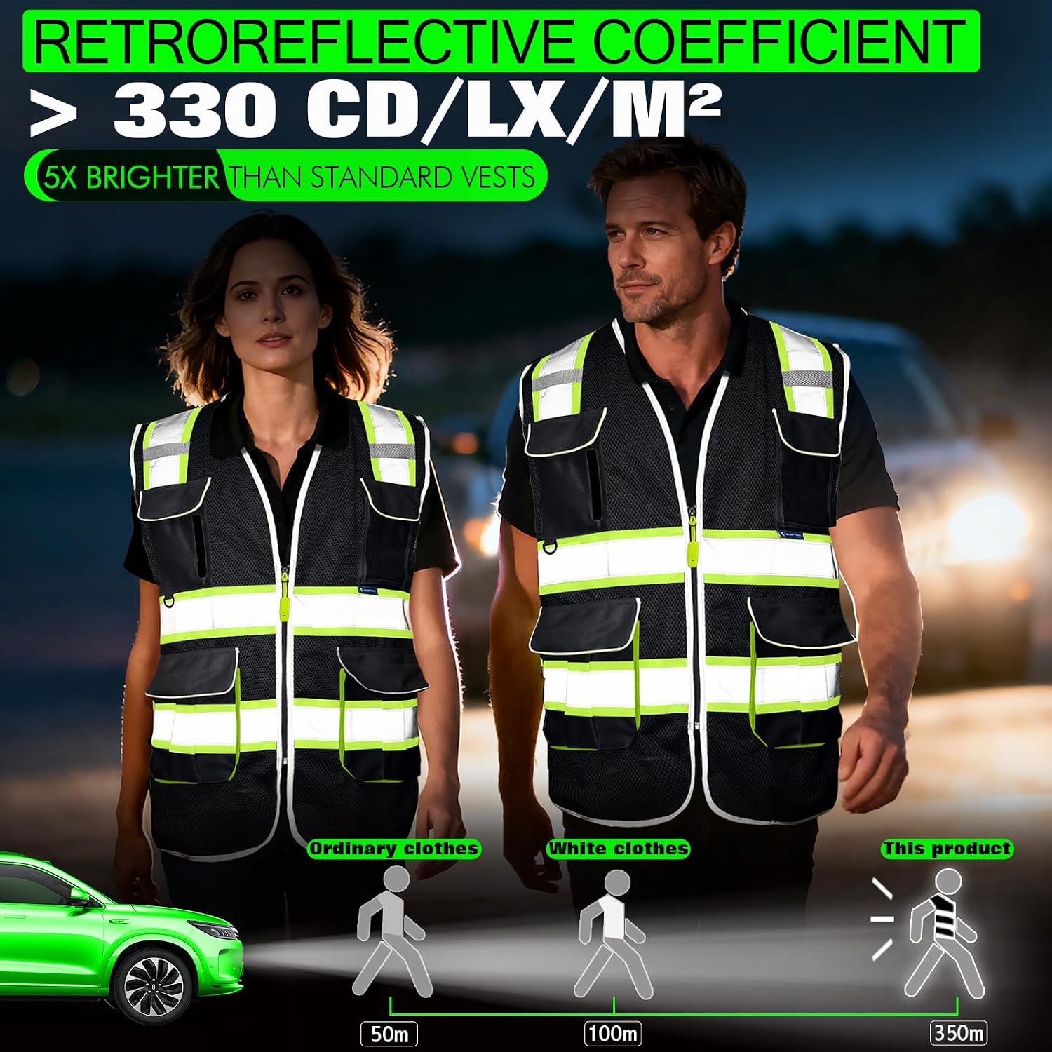 BeautyWill 5 Pack Safety Vest Class2 ANSI Certified Custom Logo High Visibility Reflective Vest for Men -10 Pockets Personalized Logo Heavy-Duty Work Vest（Mesh Black，L）