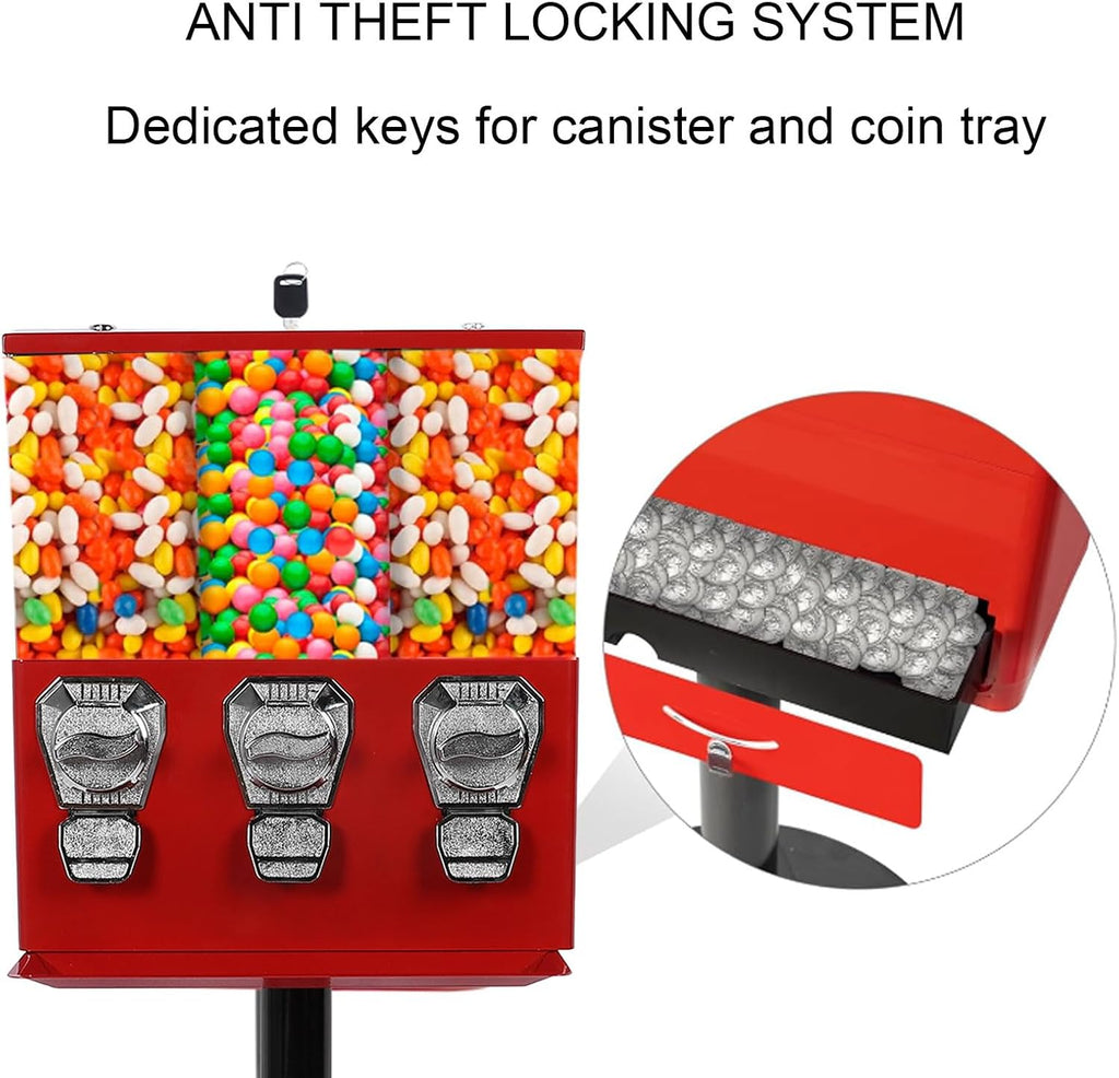 Candy Vending Machine, Candy Machine Dispenser with Stand Anti Theft Keys Triple Individual Candy Boxes, for Toy Capsules Bouncy Balls Candy Nut