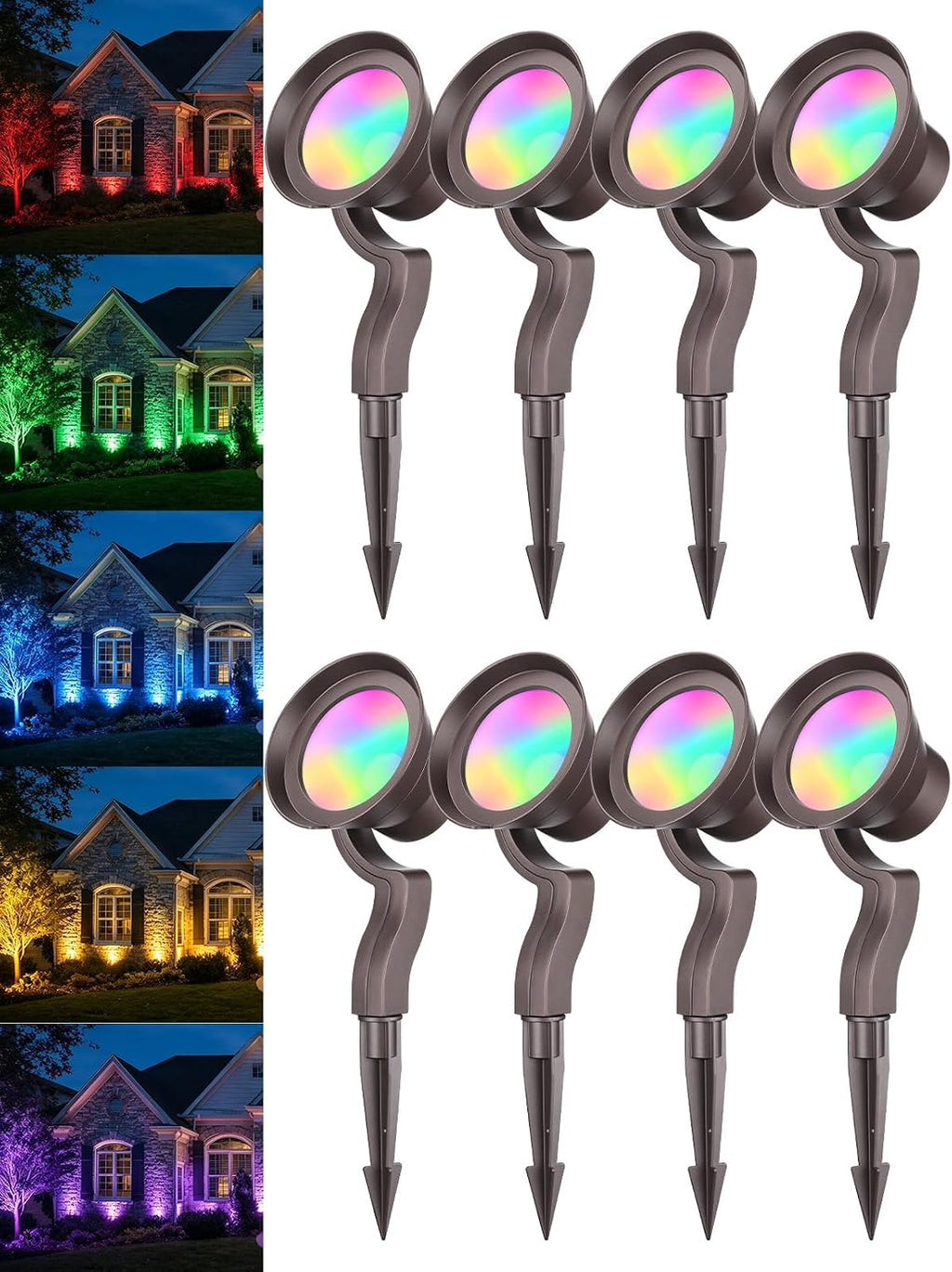 LEONLITE 8-Pack 9W RGB Low Voltage Landscape Lights, Color Changing Wall Wash Landscape Lighting Outdoor, 12-24V LED Landscape Spotlights, Uplight, ETL Listed, Aluminum, IP65 Waterproof