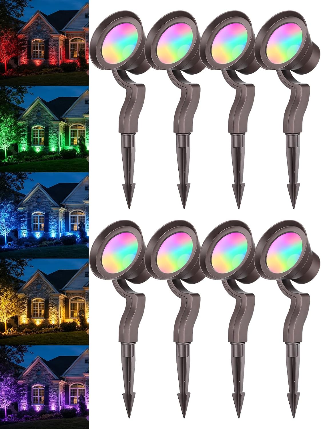 LEONLITE 8-Pack 9W RGB Low Voltage Landscape Lights, Color Changing Wall Wash Landscape Lighting Outdoor, 12-24V LED Landscape Spotlights, Uplight, ETL Listed, Aluminum, IP65 Waterproof