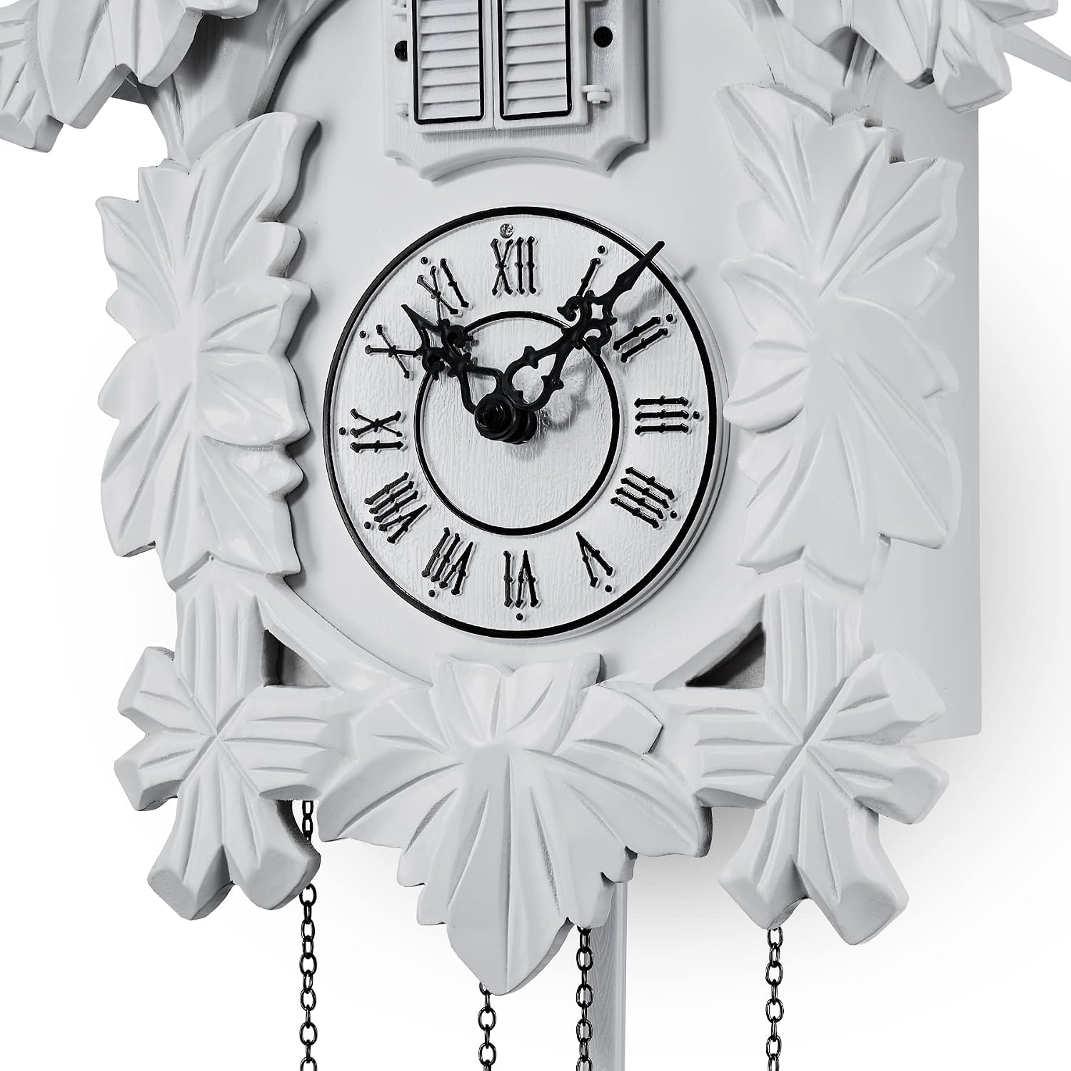 TIMEGEAR Cuckoo Clock with Night Mode, Hand Carved Decorations and Swinging Pendulum (White)