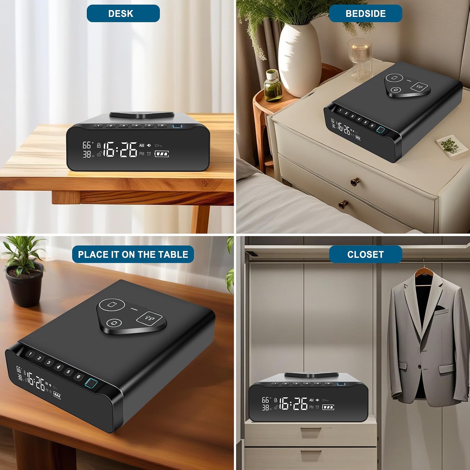 Fingerprint Biometric Gun Safe, Clock Handgun Safe with 3-in-1 Watch & Phone Wireless Charging, Drawer Lock for Hand guns, Cash, Valuables- with Humidity |Temperature| Alarm Clock| Time