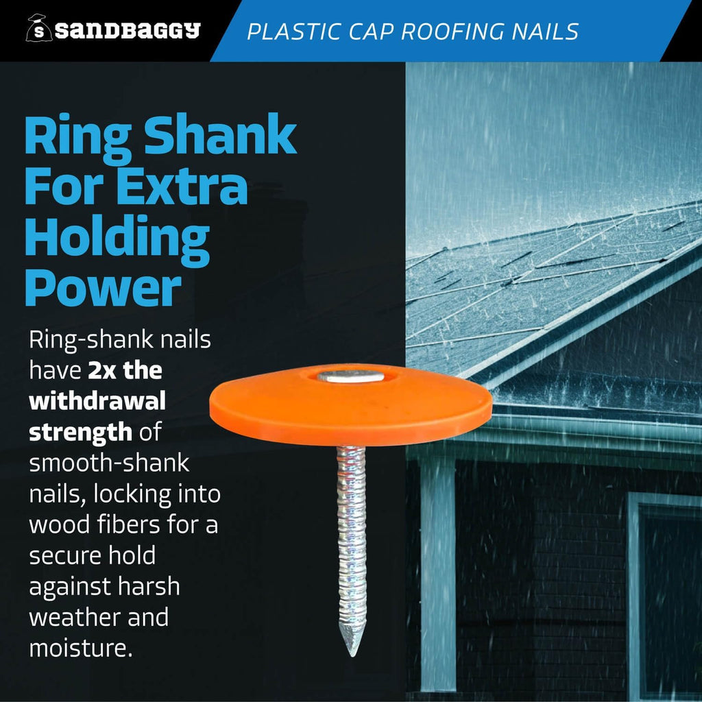 Sandbaggy 1' Plastic Cap Roofing Nails - Ring Shank, Electro Galvanized - Roof Underlayment, Felt Paper, House Wrap, Tar Paper (10000)