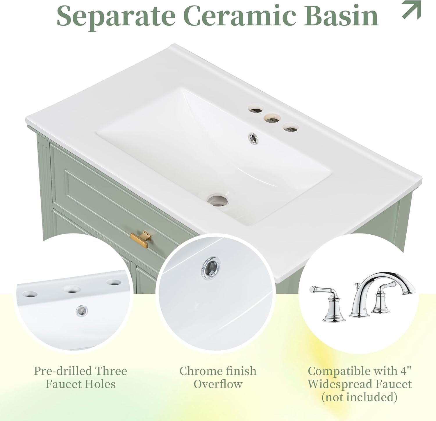 30' Bathroom Vanity with Ceramic Sink Top, Tip-Out Drawer and Two Left Side Drawers, Adjustable Shelf, Solid Wood Legs, Soft-Closing Door and Rack Shelf, Green