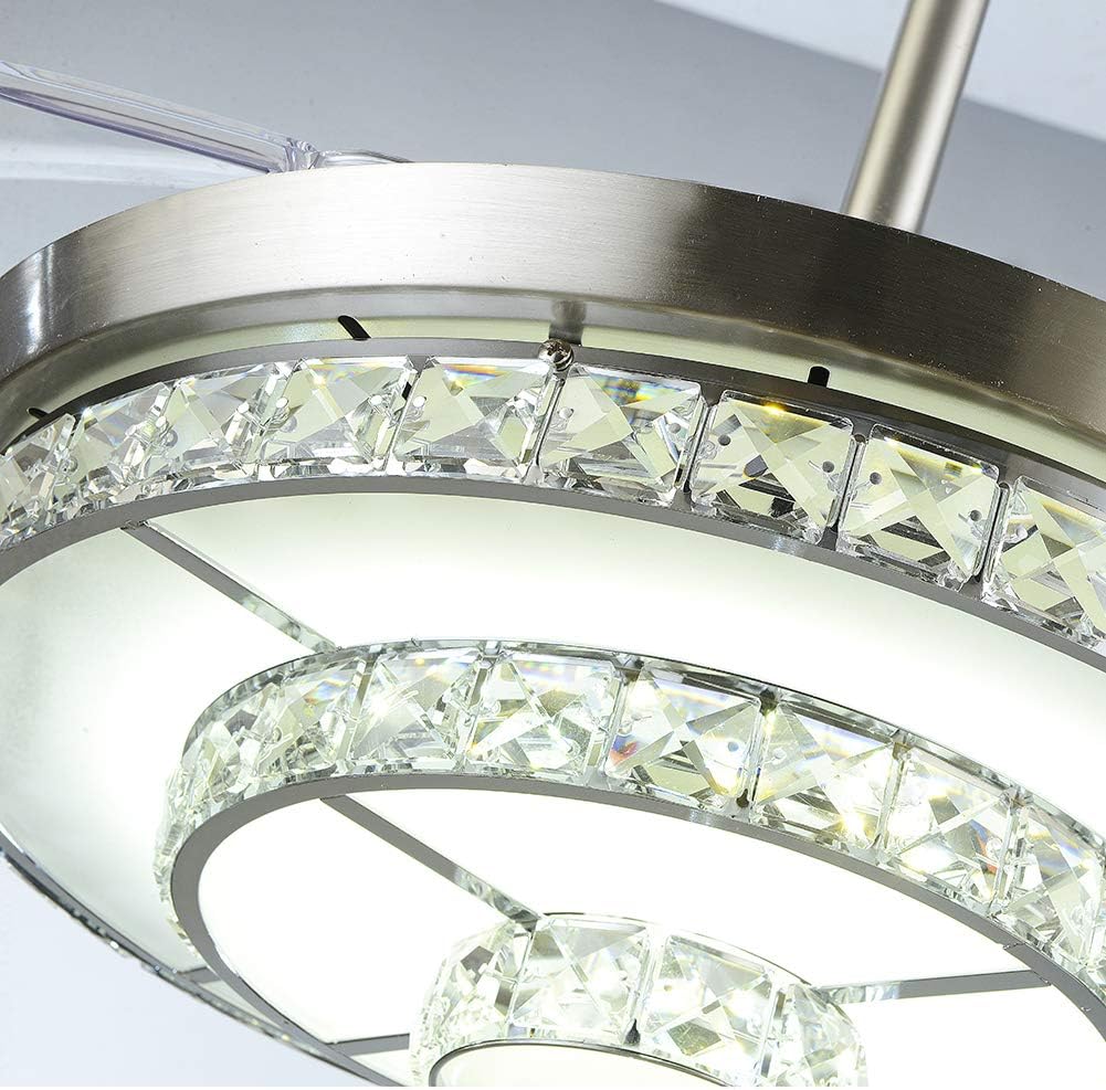 Modern 42'' Crystal Chandelier Ceiling Fan with LED Light Kit and Remote Invisible Ceiling Fan Light Retractable 3 Color Changing LED Fandelier for Living Room Bedroom