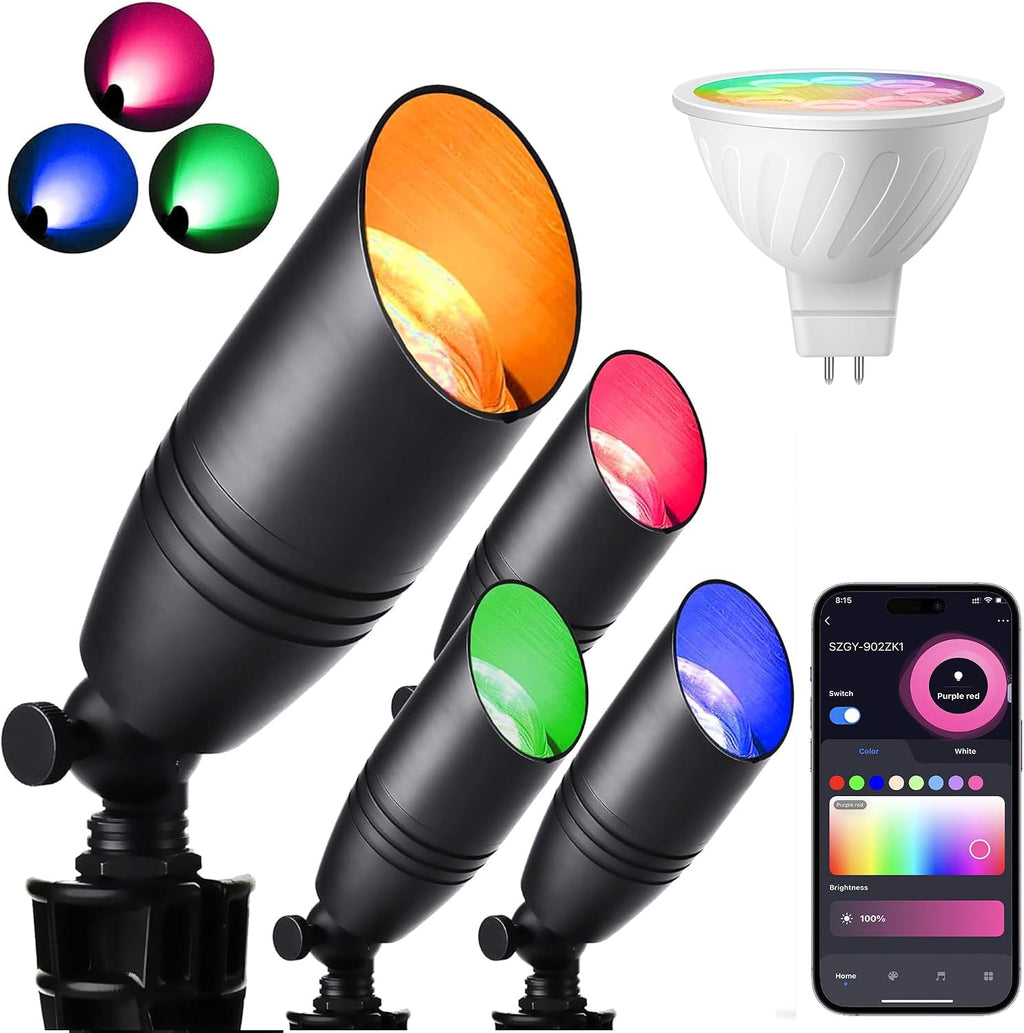 Remote Control RGB Color Changing Landscape Lighting,Low Voltage Spotlights,IP65 Waterproof Uplights for Yard,Heavy Duty Accent Fixtures, Double White MR16 Light Bulbs Included 5W 2700K