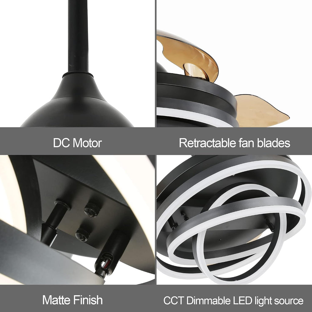 42' Retractable Ceiling Fan with Lights and Remote, Black Fandelier Ceiling Fan Modern Chandelier LED Light, Reversible Quiet DC Motor 3CCT Dimmable 6 Speed for Bedroom Living Room