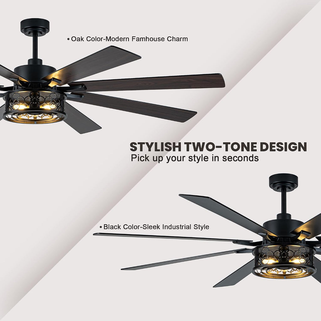 Dawn Whisper 72 Inch Farmhouse Ceiling Fans with Lights Quiet Reversible DC Motor Caged Rustic Ceiling Fans with Remote Industrial Chandelier Fan for Living room Bedroom(Black)