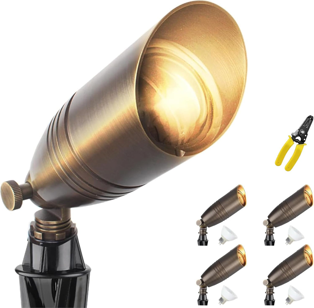 Brass Wired Landscape Light, Low Voltage Landscape Light,12V AC Uplighting Outdoor, Directional Outdoor Landscape Spotlight(4-Pack with PVC Ground Stakes,4 Light Bulbs,4 Code Cutters)