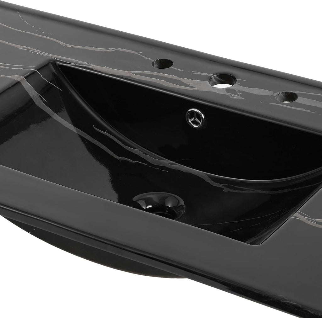 JONATHAN Y Ancillary 36 in. W x 18.25 in. D Ceramic Vanity Sink Top with 3-Hole Rectangular Single Sink Basin, Black Marble Effect SNK1003D
