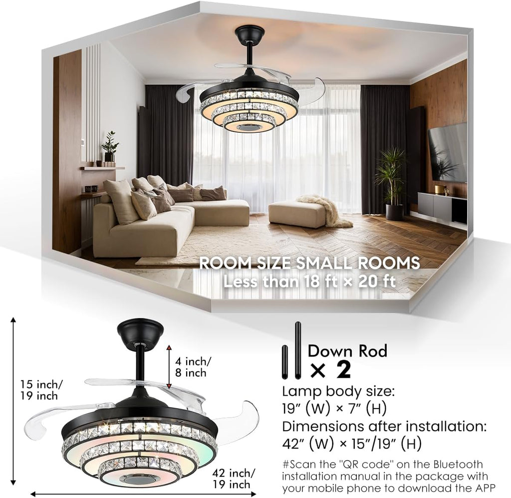 42inch Bluetooth Crystal Ceiling Fan Lights with Music Player and Remote Control Chandelier, Retractable Blades Fandelier with 3 Speed 7 Color Dimmable LED Kit Included