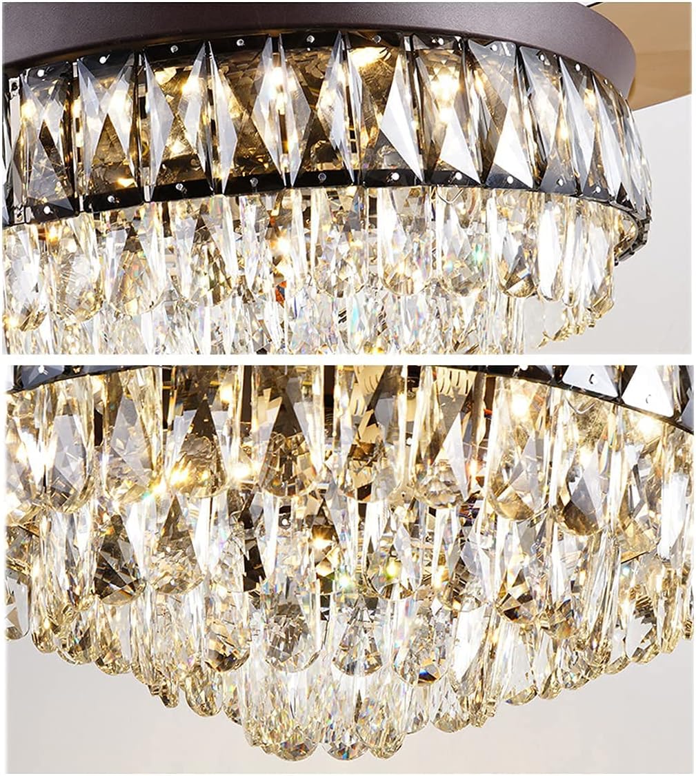 Fandian 42' Modern Crystal Ceiling Fan with Lights Remote Control Brown Chandelier Fixtures, Luxury Retractable Baldes Fandelier, 3 Color Lighting for Dining Room, Living Room