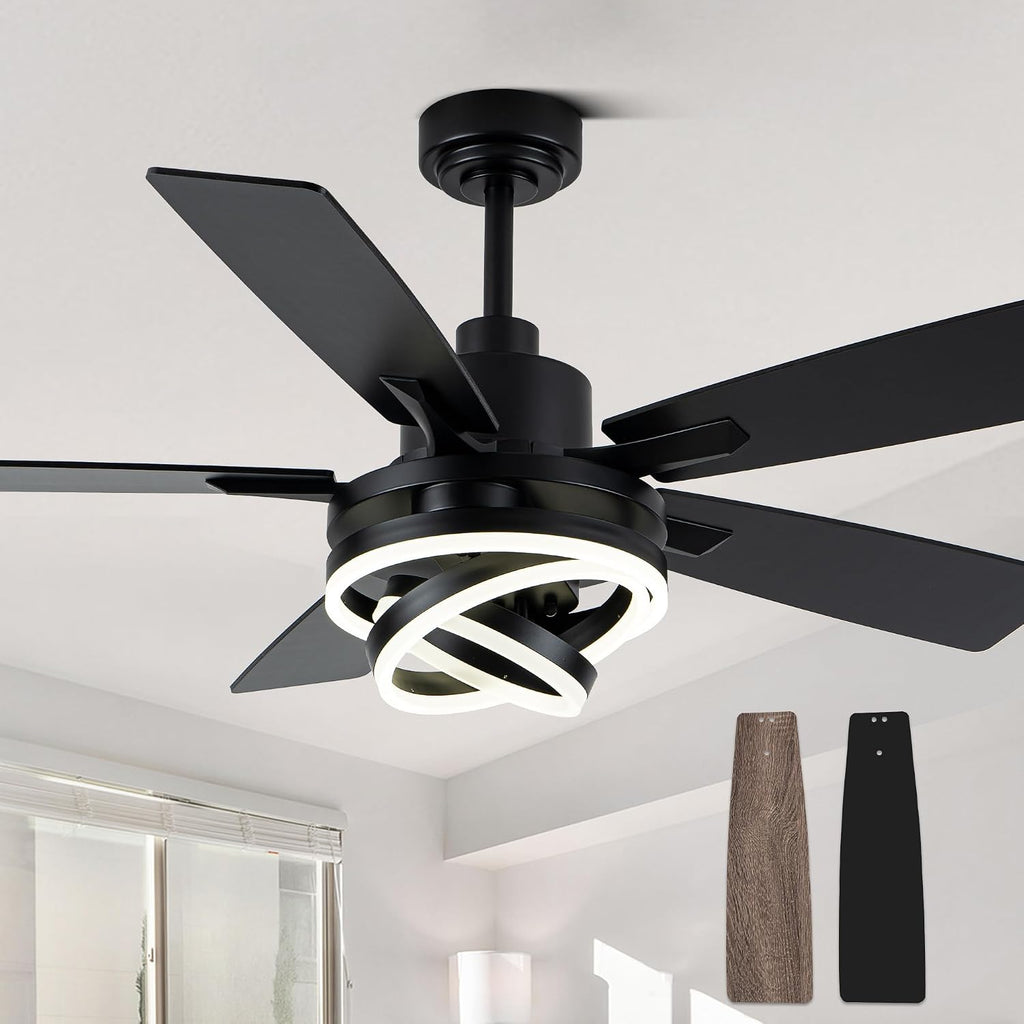 Bella Depot 52 Inch Ceiling Fans with Lights and Remote, Modern Black Chandelier Ceiling Fans DC Motor Reversible Fandelier Ceiling Fan Light for Farmhouse Indoor/Outdoor Bedroom, Living Room (Black)
