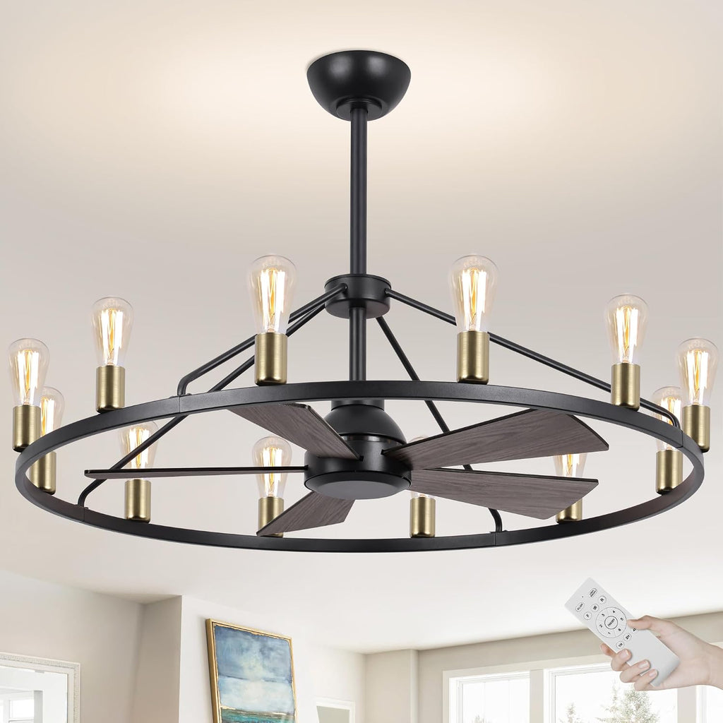 44'' Ceiling Fan with Light, Black Gold Wagon Wheel Chandelier, Large Farmhouse Fandelier Light Fixture, Chandelier for Living Room, Dining Room, Adjustable High Ceilings