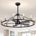 44'' Ceiling Fan with Light, Black Gold Wagon Wheel Chandelier, Large Farmhouse Fandelier Light Fixture, Chandelier for Living Room, Dining Room, Adjustable High Ceilings
