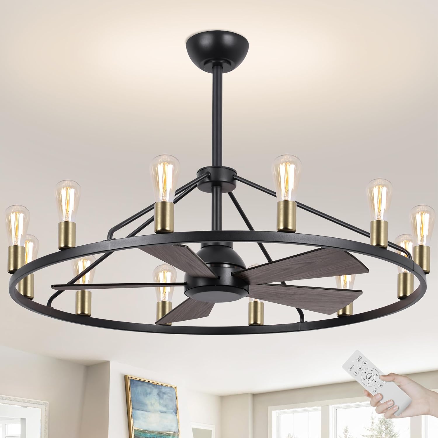 44'' Ceiling Fan with Light, Black Gold Wagon Wheel Chandelier, Large Farmhouse Fandelier Light Fixture, Chandelier for Living Room, Dining Room, Adjustable High Ceilings