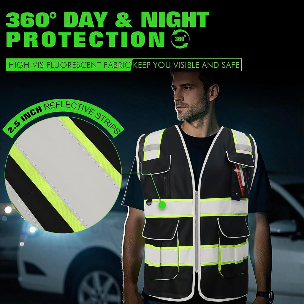 BeautyWill ANSI Certified Custom Logo Safety Vest 8-Pockets Class2 High Visibility Reflective Vest for Men - Personalized Logo Heavy-Duty Work Vest（Black，5Pack，L）