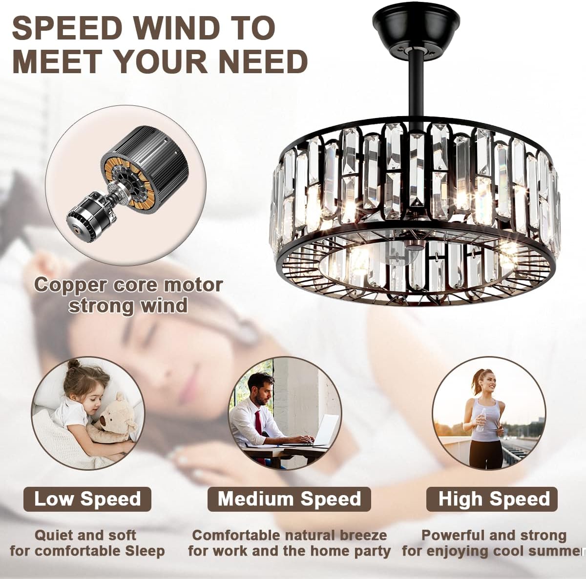 Fandian 18' Industrial Caged Ceiling Fan with Light,Bladeless Fan with 3 Speeds, Farmhouse Crystal Fandelier with Remote Control, Vintage Black Crystal Chandelier Fan for Dining Bedroom