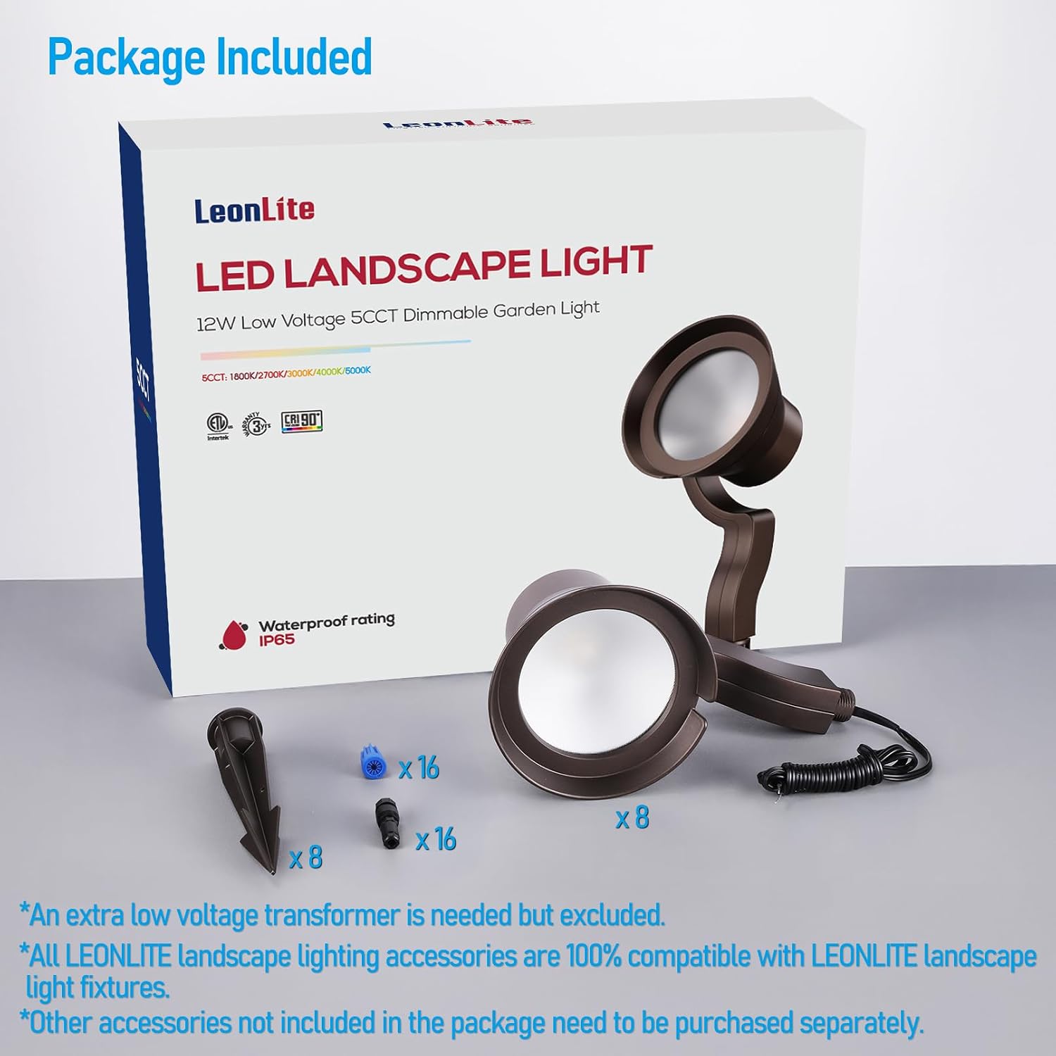 LEONLITE 8-Pack 12W/7.3W/3.7W Dimmable 5CCT LED Low Voltage Landscape Lights, Wall Wash Landscape Lighting Outdoor, 12V Landscape Spotlight, ETL, Aluminum, IP65 Waterproof