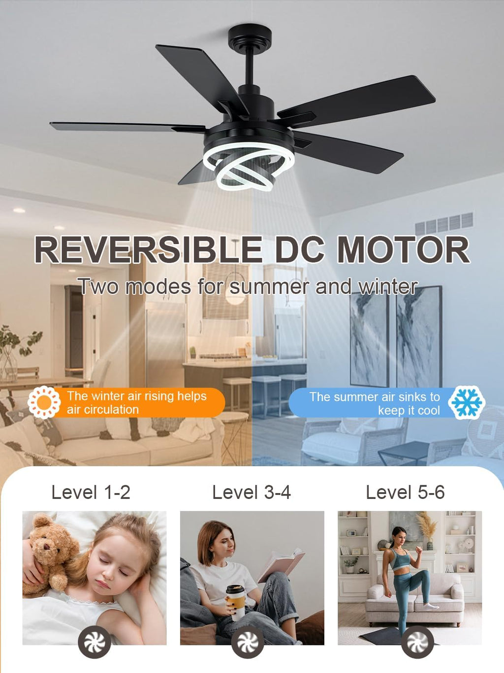 Bella Depot 52 Inch Ceiling Fans with Lights and Remote, Modern Black Chandelier Ceiling Fans DC Motor Reversible Fandelier Ceiling Fan Light for Farmhouse Indoor/Outdoor Bedroom, Living Room (Black)
