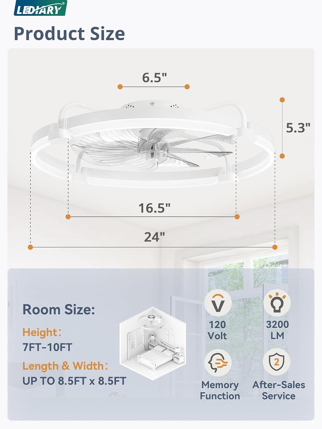 LEDIARY 20 Inch and 24 Inch Ceiling Fans with Lights and Remote, 3000-6000K Dimmable Modern Flush Mount LED Fan Light, 6 Wind Speeds, White Fandelier Ceiling Fans for Bedroom