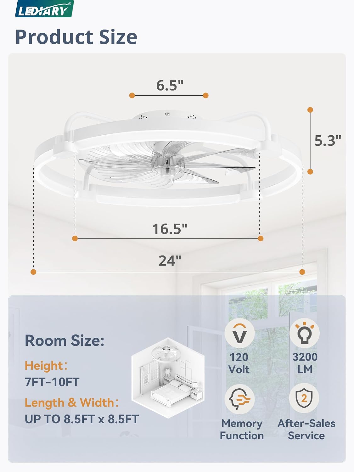 LEDIARY 20 Inch and 24 Inch Ceiling Fans with Lights and Remote, 3000-6000K Dimmable Modern Flush Mount LED Fan Light, 6 Wind Speeds, White Fandelier Ceiling Fans for Bedroom