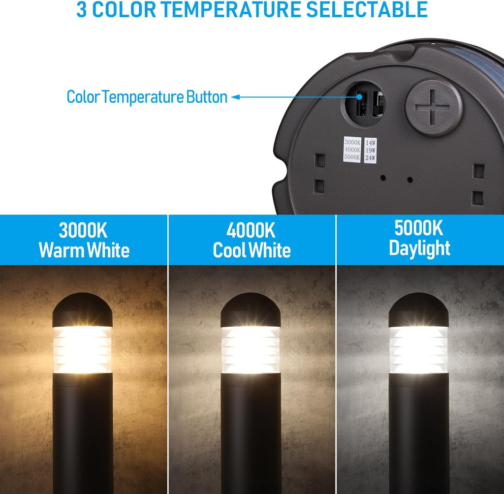 LEONLITE 3CCT LED Bollard Landscape Pathway Light, 43' 14W/19W/24W Adjustable Watts, 120V-277V Commercial Bollard Fixture, 0-10V Dimmable UL Listed Landscape Area Light, Louvered